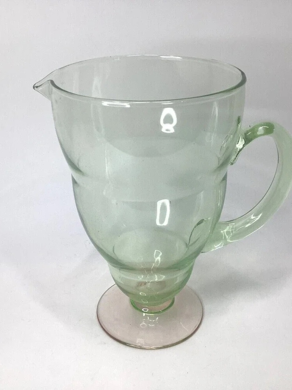 Light Green Glass Pitcher with Handle and Footed Base